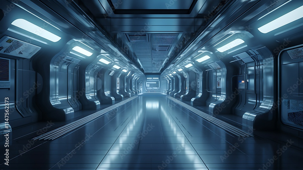 Obraz premium Futuristic spaceship corridor with glowing lights and reflective floor.