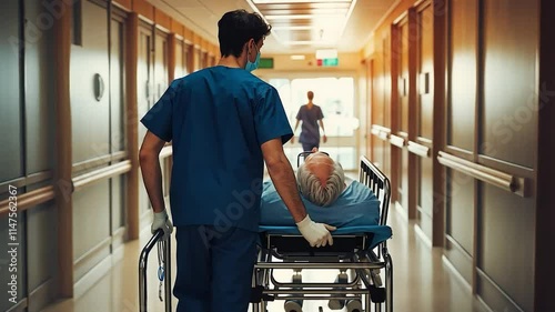 Nurse Pushing a Stretcher with Elderly Man in Hospital