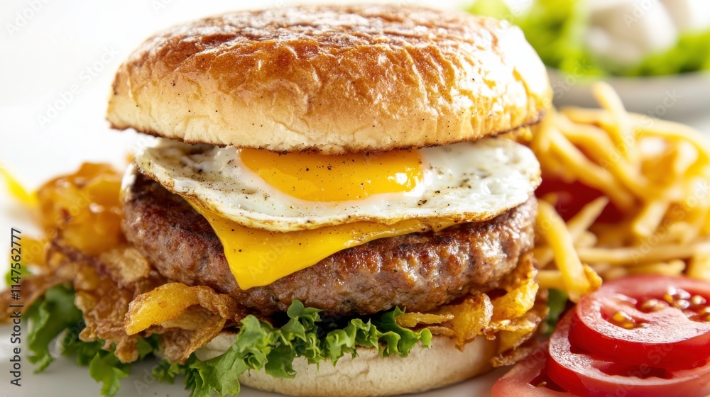 Delicious Breakfast Burger with Fried Egg and Sausage Patty Delicious Breakfast Burger with Fried Egg and Sausage Patty