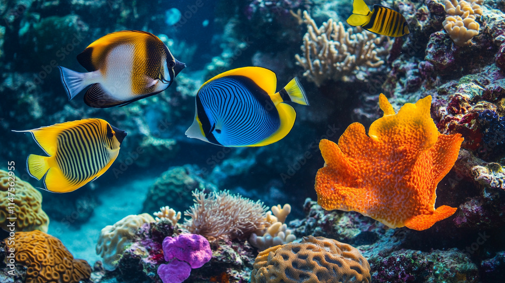 Fototapeta premium Colorful fish swimming among vibrant coral reefs in a tropical ocean.