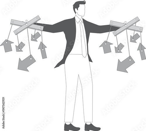 Market control, price manipulation, stock market manipulation, business management, businessman with ten fingers tied to a string to control the up or down arrow