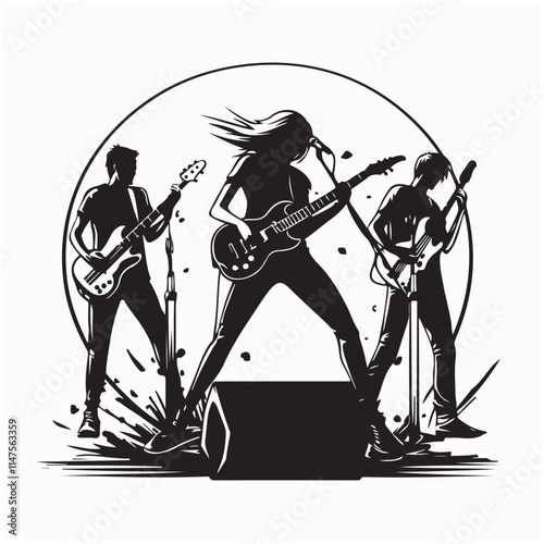 A musical group or rock band playing a concert in silhouette logo vector isolated on white background.