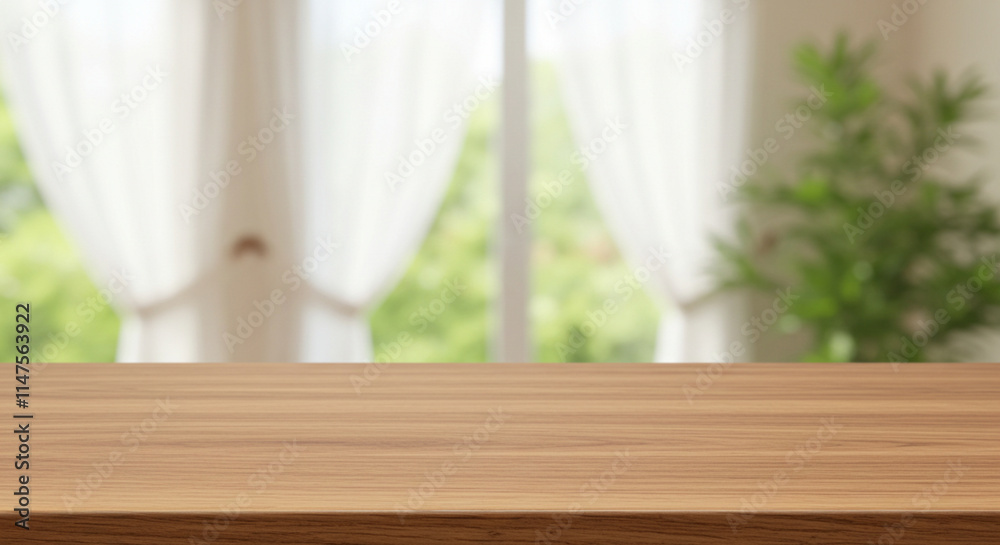 Wooden table top with blurred window and curtains, ideal for product display and interior design Wooden table top with blurred window and curtains, ideal for product display and interior design