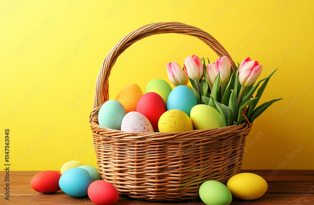 Naklejka premium wicker basket filled with colorful Easter eggs and tulips against bright yellow background, creating cheerful and festive scene