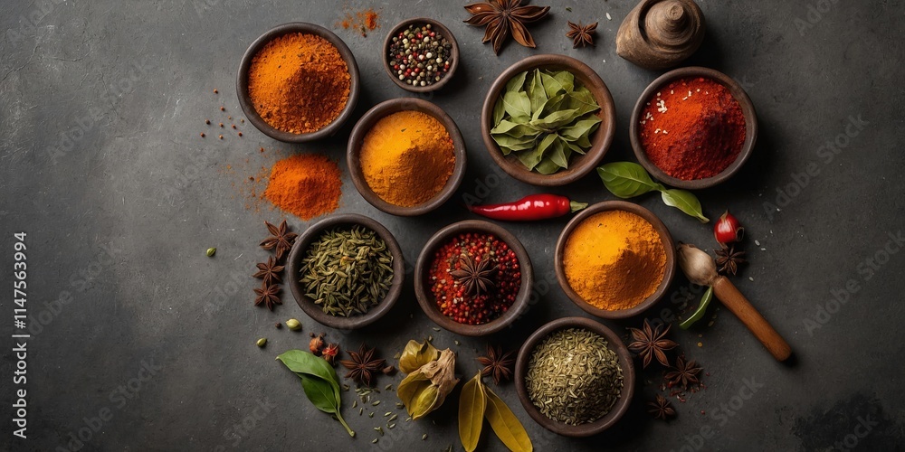 Variety of spices arranged in bowls on a dark background Variety of spices arranged in bowls on a dark background