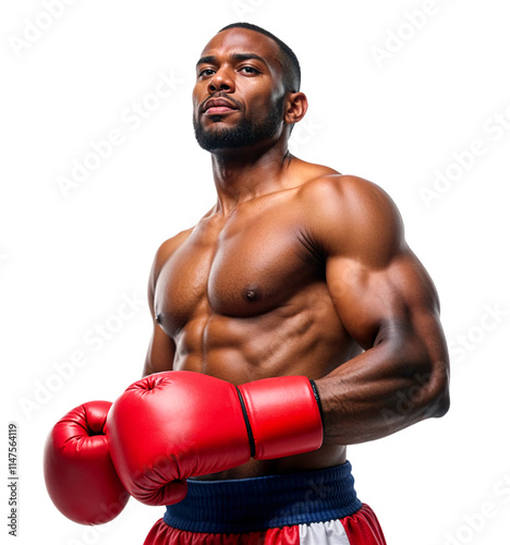 A muscular heavyweight pro boxer wearing red boxing gloves, isolated photo