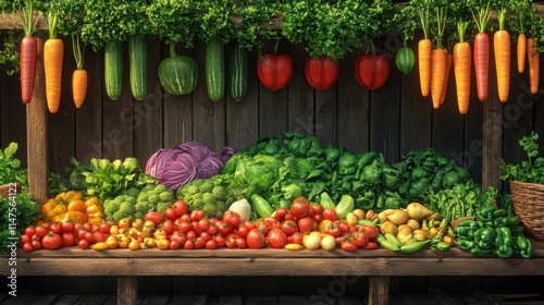 Fototapeta Naklejka Na Ścianę i Meble -  Vibrant farmers market stall with fresh vegetables and fruits