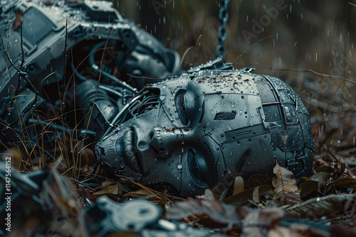 Close-up of a broken cybernetic android head lying on the ground in the rain, surrounded by wet grass and fallen leaves, with cinematic lighting and bokeh effect