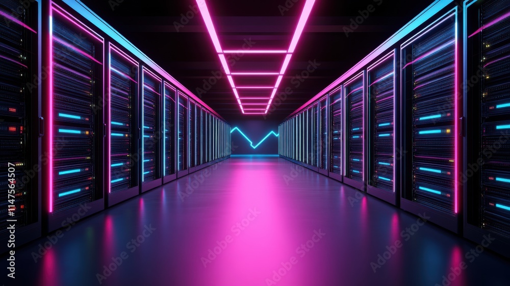 Fototapeta premium Futuristic Digital Server Room with Neon Lighting and Modern Technology for Data Centers and IT Infrastructure