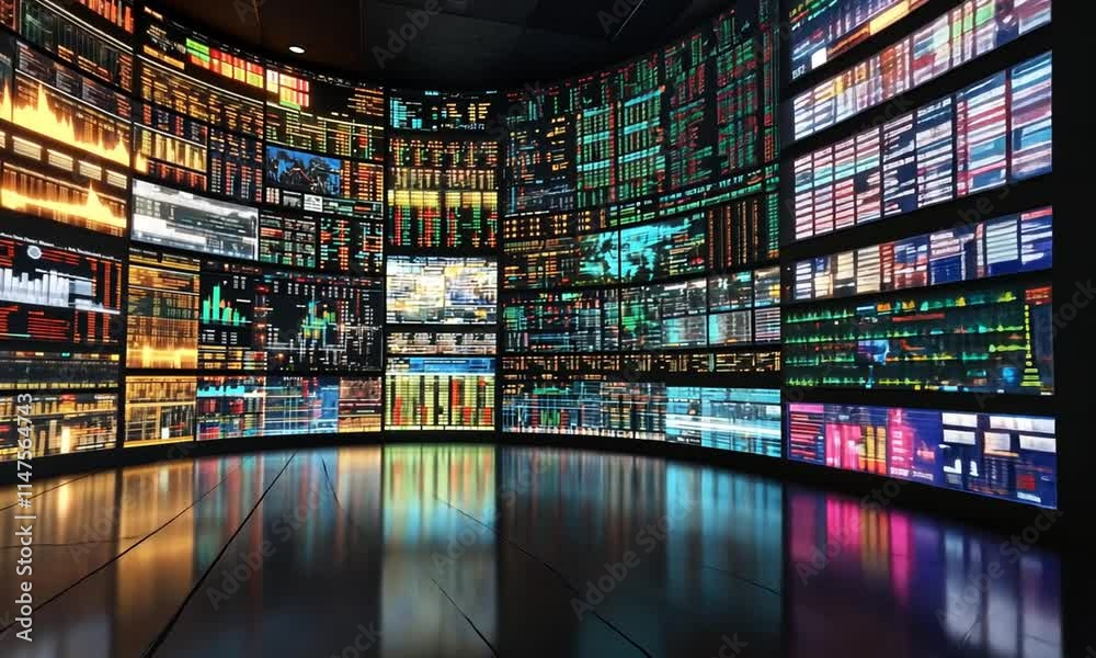 A high-tech trading room filled with screens displaying financial data and analytics. A high-tech trading room filled with screens displaying financial data and analytics.
