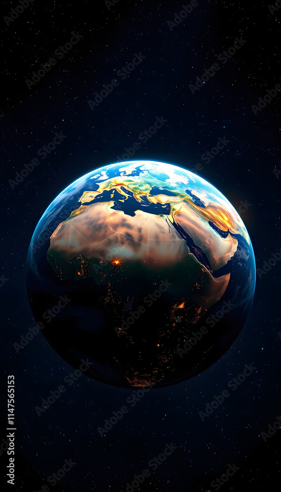Obraz premium Amazing night planet Earth with Europe, Africa and Eastern countries with bright night city lights in starry space. Megacities and light view from space, close-up, with white tones