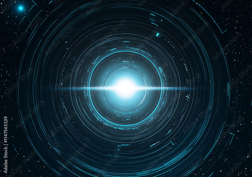 Mystical abstract blue design with circular gradient and glowing center, resembling futuristic portal or vortex in space, surrounded by digital patterns and starry background Mystical abstract blue design with circular gradient and glowing center, resembling futuristic portal or vortex in space, surrounded by digital patterns and starry background