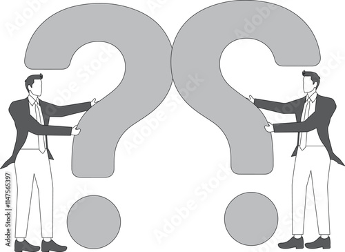Two traders touching huge question marks, groping, contemplating, exploring, discovering, exploring the unknown or finding solutions