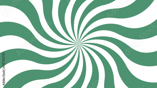 Abstract background with rays retro starburst. Funky ray elements, circle motifs, reminiscent of circus themes. Green and white twisted swirl. Spiral radial striped backdrop design.