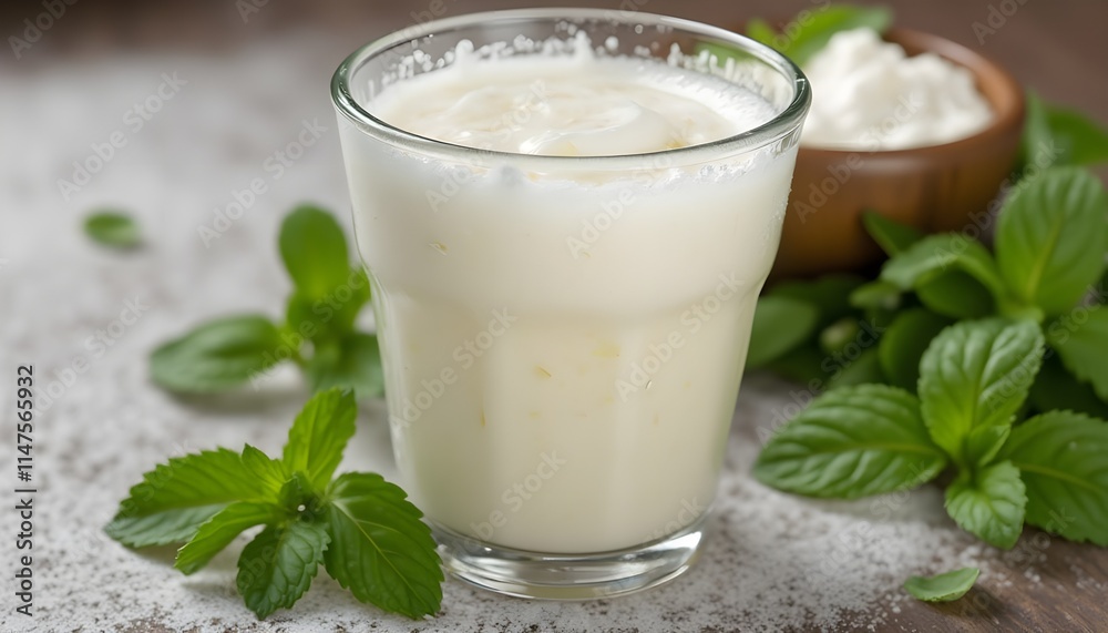 Photorealistic Glass of Ayran with Foam and Fresh Mint Leaves Photorealistic Glass of Ayran with Foam and Fresh Mint Leaves