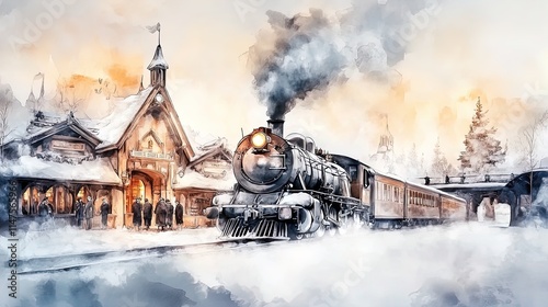 nostalgic winter travel scene: snow-covered train station with steam engine and 1940s travelers - perfect for a vintage poster in sports or retro interiors!