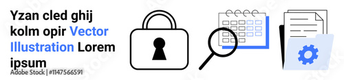 Lock and magnifying glass, calendar, stack of documents with settings icon. Ideal for security, organization, productivity, management, data protection research office tools. Landing page