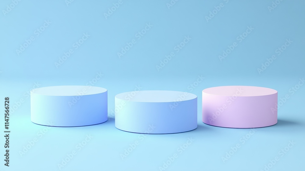 Three Pastel Cylinders on a Light Blue Background Three Pastel Cylinders on a Light Blue Background