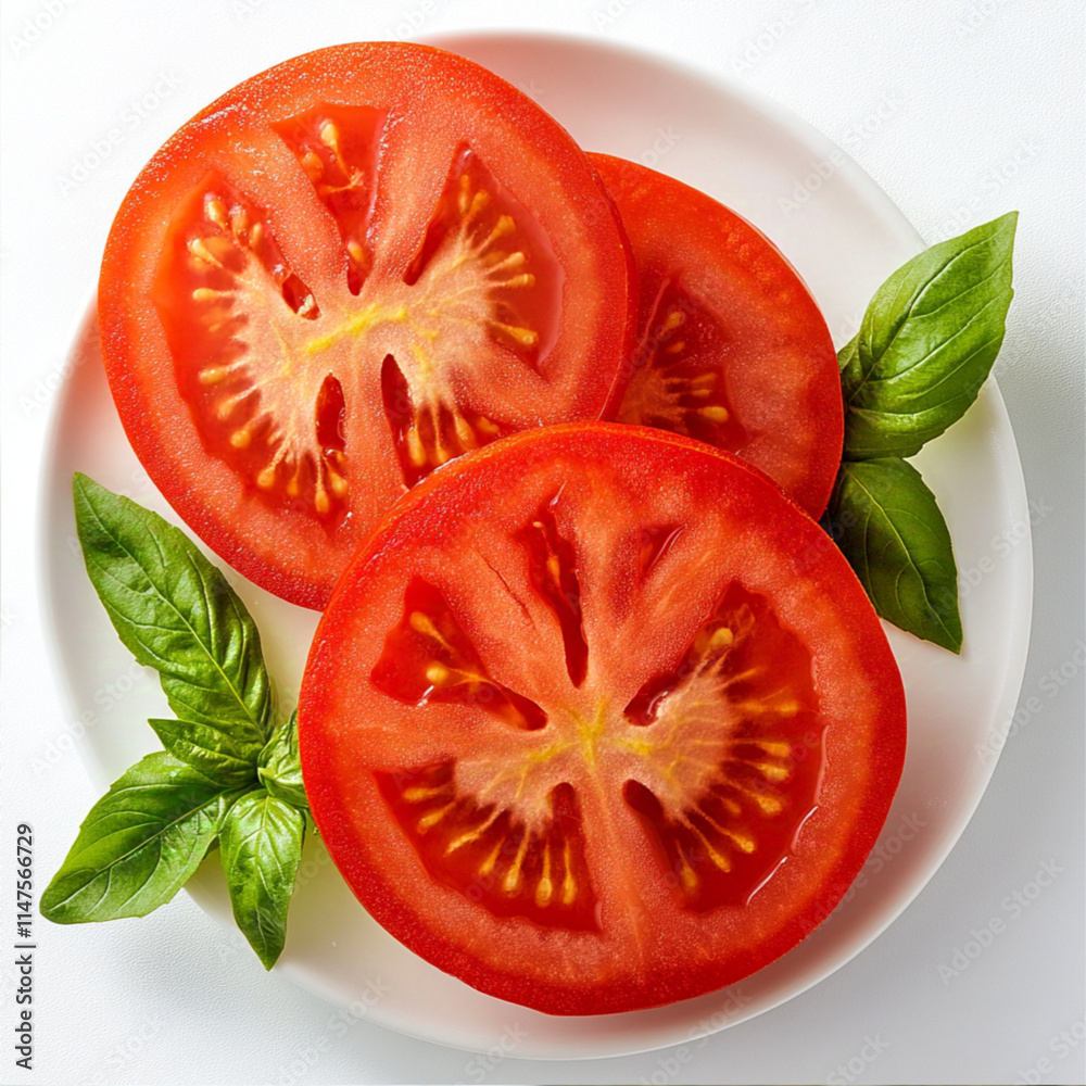 Fresh basil leaves and sliced tomatoes are placed on a white plate, top view Fresh basil leaves and sliced tomatoes are placed on a white plate, top view
