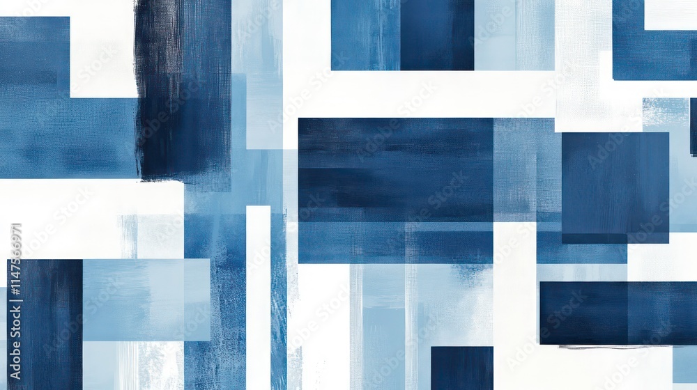 Fototapeta premium Abstract blue rectangular shapes overlap on white background, creating a modern and artistic design.