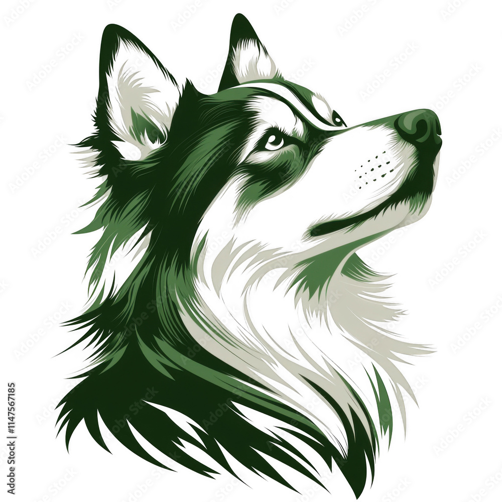Naklejka premium Green icon of Alaskan Malamute dog isolated on a transparent background Minimalist flat icon, vector logo style sign clipart on a no background png