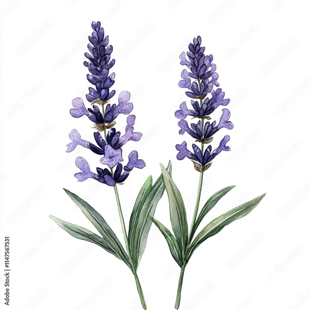Fototapeta premium Watercolor Lavender Branch with Green Leaves, Delicate watercolor illustration of a lavender branch featuring purple flowers and lush green leaves, isolated on a white background.