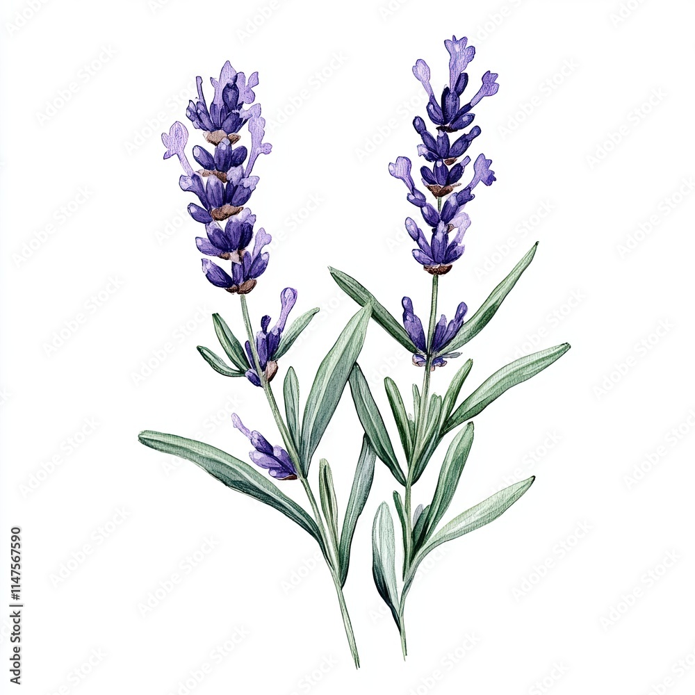 Obraz premium Watercolor Lavender Branch with Green Leaves, Delicate watercolor illustration of a lavender branch featuring purple flowers and lush green leaves, isolated on a white background.