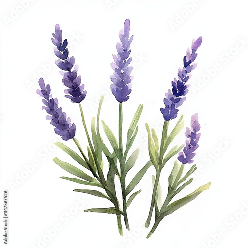 Watercolor Lavender Branch with Green Leaves, Delicate watercolor illustration of a lavender branch featuring purple flowers and lush green leaves, isolated on a white background.

