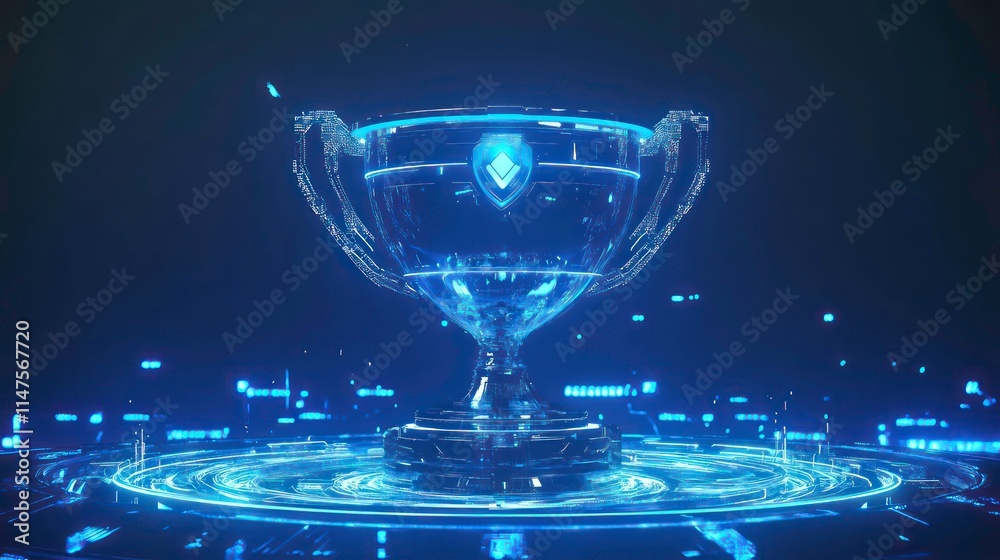 Futuristic glowing blue trophy on a digital platform. Futuristic glowing blue trophy on a digital platform.