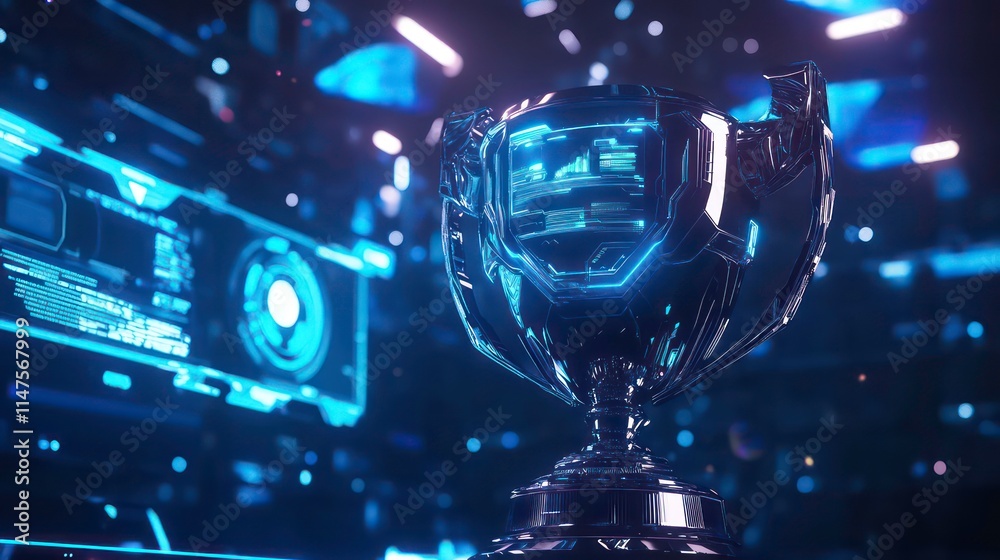 Futuristic trophy with glowing blue digital interface background. Futuristic trophy with glowing blue digital interface background.