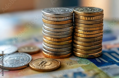 Two stacks of coins on banknotes. Close-up view of gold and silver coins arranged in stacks, with additional coins and banknotes in the background.