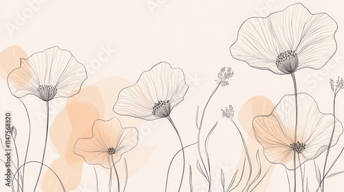 Delicate line art poppies with peach watercolor blots on beige background.