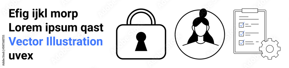 Padlock, user profile, checklist with gear. Ideal for security, privacy, access control, user management, data protection project planning system configuration. Landing page Padlock, user profile, checklist with gear. Ideal for security, privacy, access control, user management, data protection project planning system configuration. Landing page
