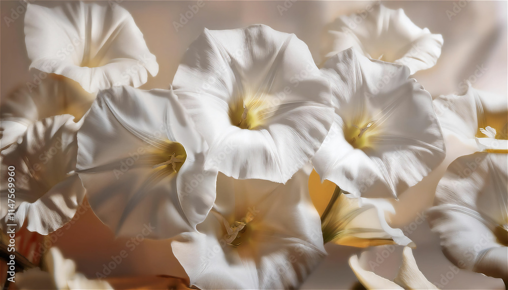 This is a close-up picture of a clean white morning glory in full bloom. Soft and delicate petals unfold perfectly and show an elegant trumpet shape. This is a close-up picture of a clean white morning glory in full bloom. Soft and delicate petals unfold perfectly and show an elegant trumpet shape.