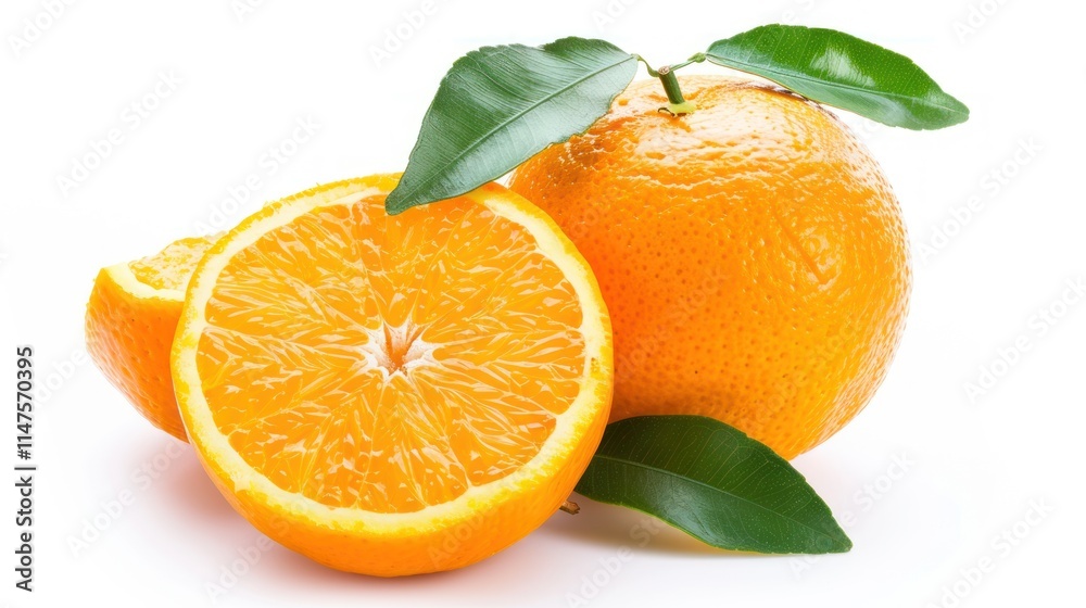Fresh oranges with leaves, sliced and whole. Fresh oranges with leaves, sliced and whole.