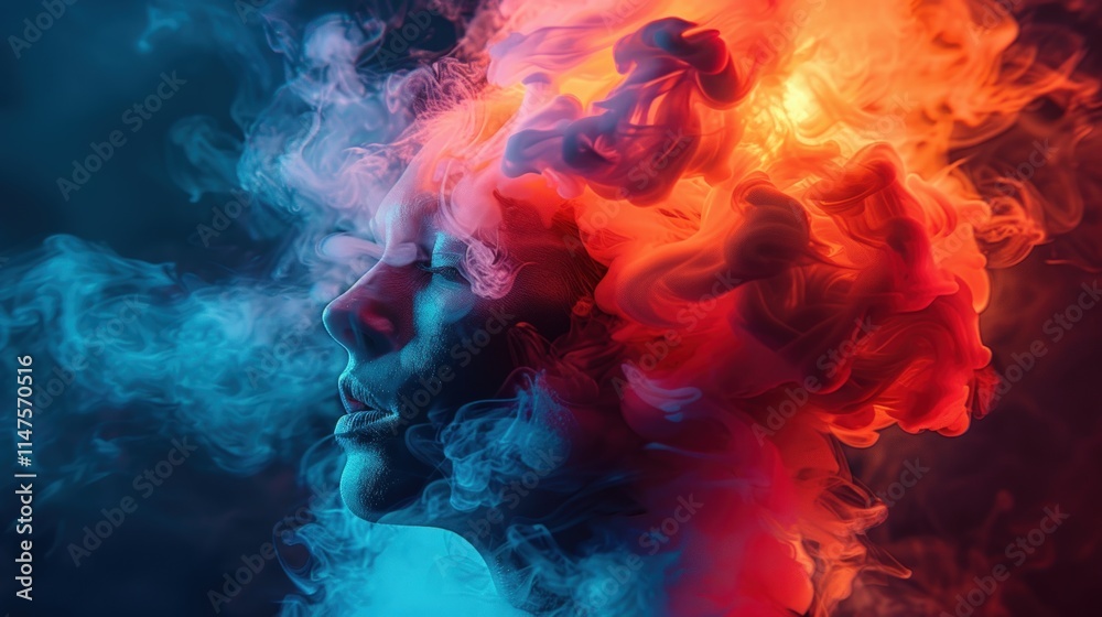 Woman's face emerges from vibrant, swirling red and blue smoke, creating an ethereal and artistic portrait. Woman's face emerges from vibrant, swirling red and blue smoke, creating an ethereal and artistic portrait.
