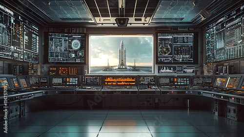 futuristic rocket launch control room with advanced technology and screens, illuminated by natural sunlight