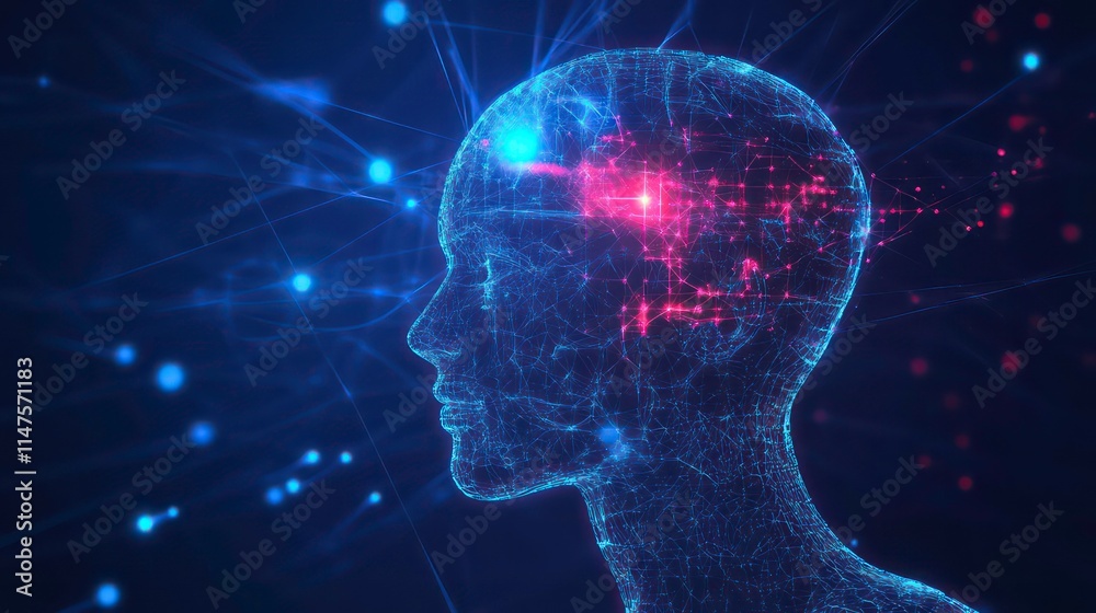 Abstract digital human head profile with glowing neural network connections. Abstract digital human head profile with glowing neural network connections.