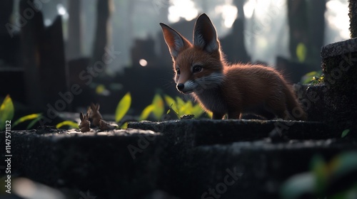 Curious Fox Kit in Mystical Ruins: A young fox explores ancient ruins, bathed in soft sunlight. Its inquisitive gaze hints at a hidden world, where nature reclaims forgotten spaces. photo