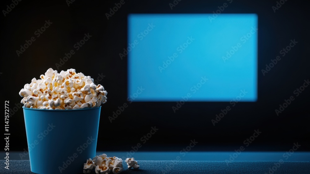 Freshly Popped Popcorn in Blue Bucket with Movie Screen Background Ready for a Cozy Film Night Freshly Popped Popcorn in Blue Bucket with Movie Screen Background Ready for a Cozy Film Night