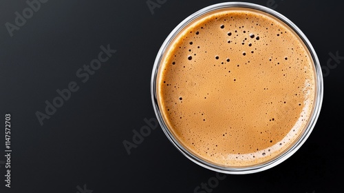 Top view of a cup of espresso coffee with crema on a dark background.