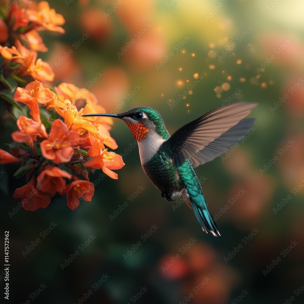 Obraz premium Colorful Hummingbird Feeding on Vibrant Orange Flowers in Nature
