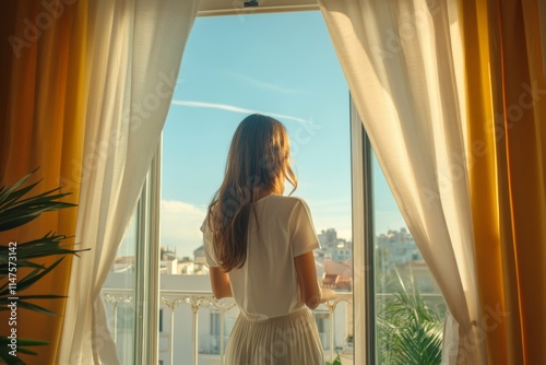 Woman opens curtains to welcome a new day, embracing fresh air and weekend relaxation at home