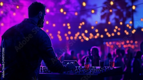 DJ playing music at outdoor night party with colorful lights and crowd.