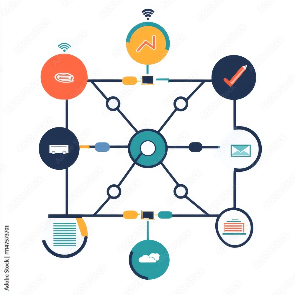 Interconnected Network Flow Chart with Data Points and Communication Channels Graphic Illu Interconnected Network Flow Chart with Data Points and Communication Channels Graphic Illu