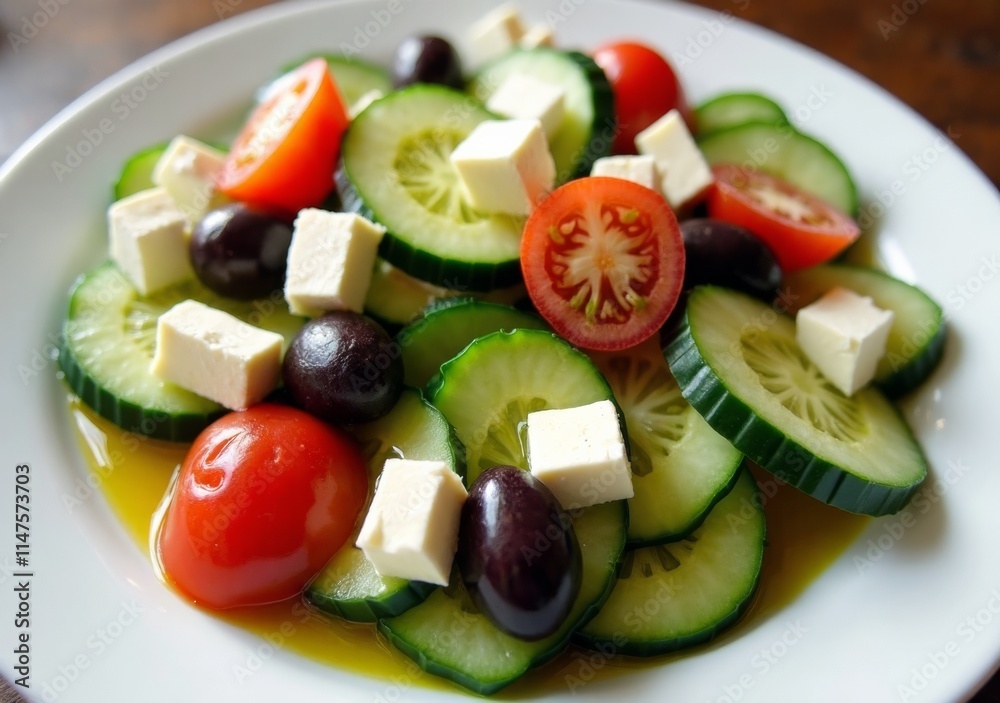 Colorful Mediterranean salad with cucumbers, tomatoes, olives, and feta cheese Colorful Mediterranean salad with cucumbers, tomatoes, olives, and feta cheese