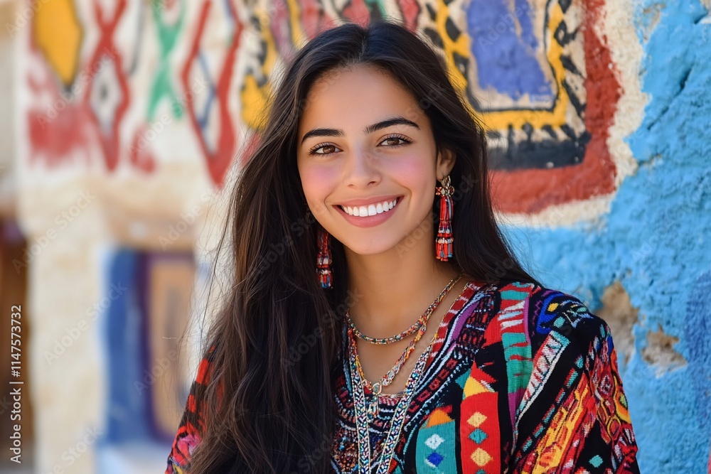 Smiling woman in colorful traditional attire against vibrant backdrop. Smiling woman in colorful traditional attire against vibrant backdrop.