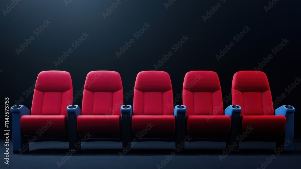 Obraz premium Modern Red Cinema Seats in a Dark Movie Theater Setting with Minimalist Design and Elegant Style