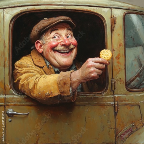 Man In Vehicle Offers Crackered Snack Smiling photo