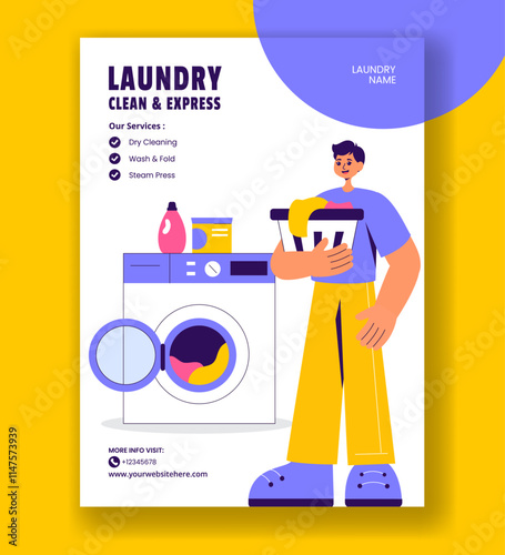 Flat Cartoon Laundry Service Post Design for Social Media Vertical Poster Marketing